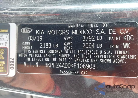 2019 Kia Forte Fe z USA, uszkodzony, nr VIN 3KPF24AD0KE106908